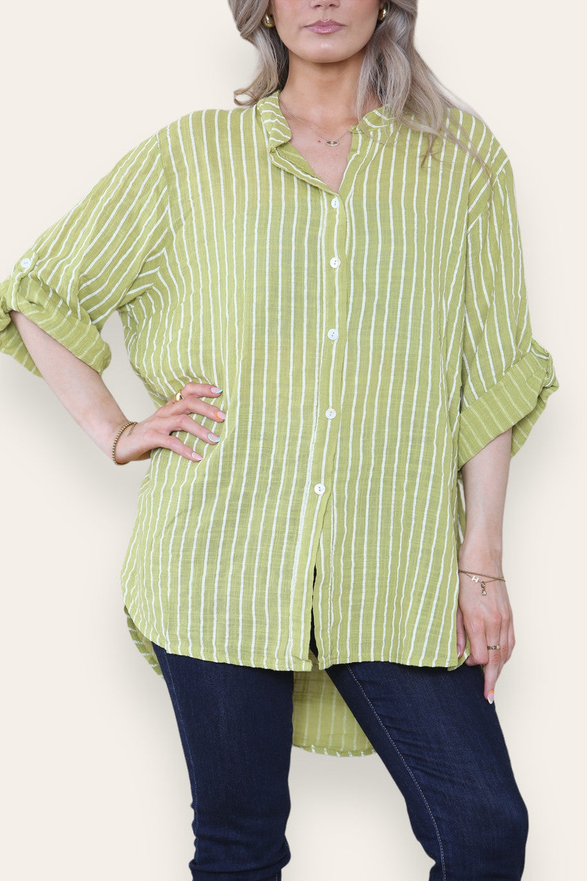 STRIPE PRINT GRANDAD SHIRT BLOUSE LIME