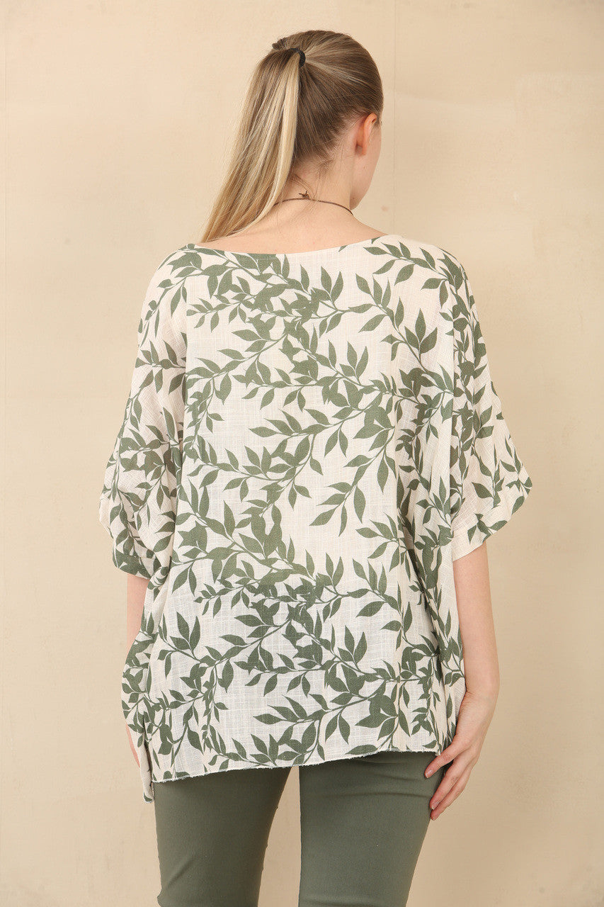 BATWING TOP MET BLAADJESPRINT EN HALSBAND - KAKI