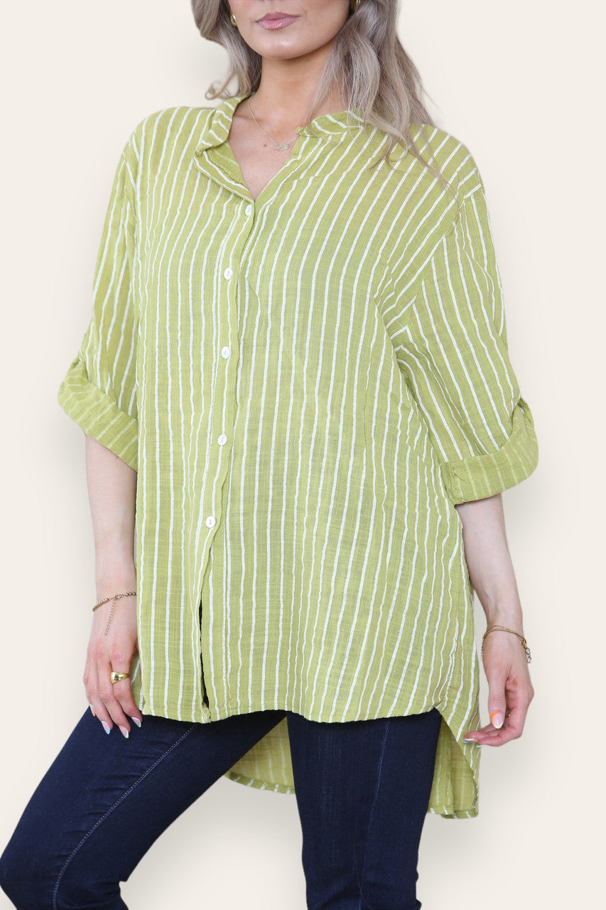 STRIPE PRINT GRANDAD SHIRT BLOUSE LIME