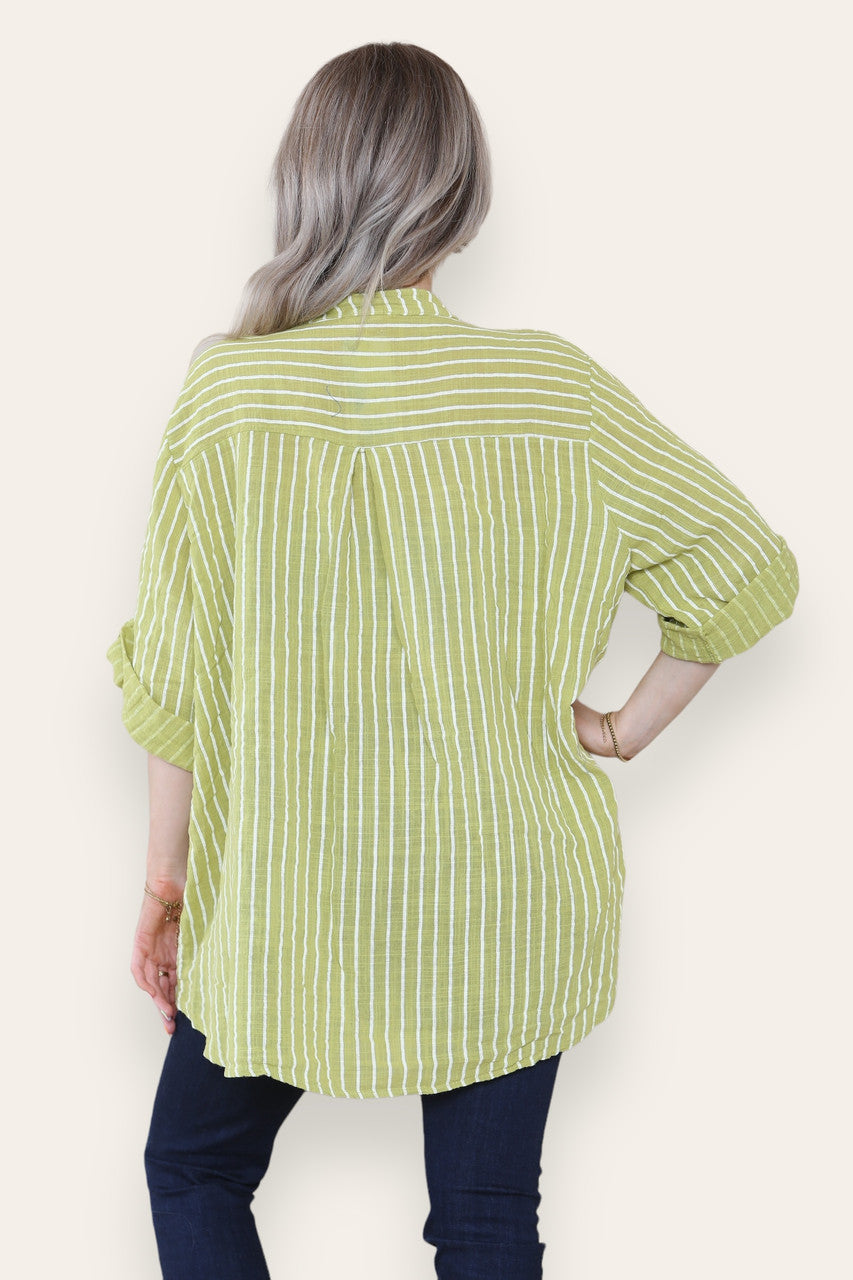 STRIPE PRINT GRANDAD SHIRT BLOUSE LIME