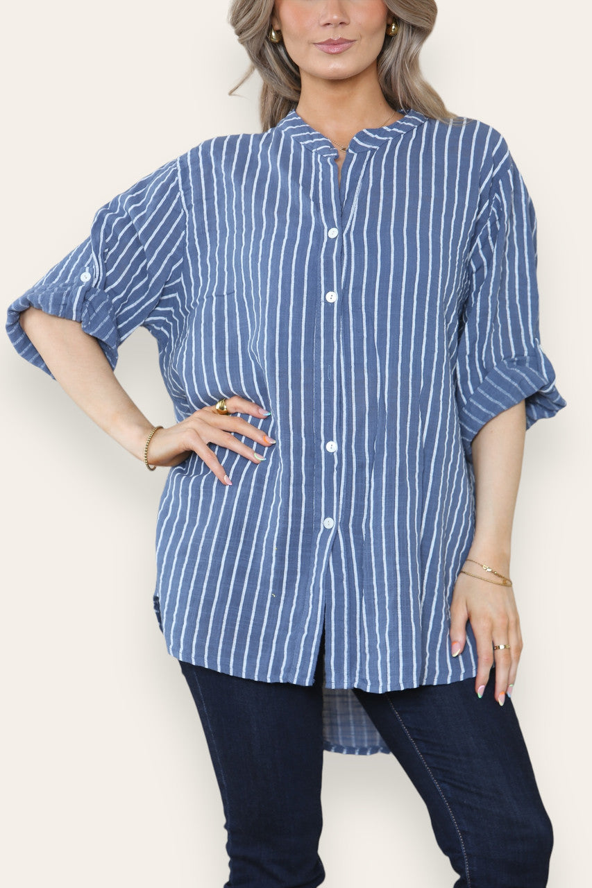GESTREEPT GRANDAD-SHIRT DENIM