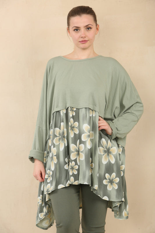FLORAL PRINT PANEL FLOATY TOP - KHAKI