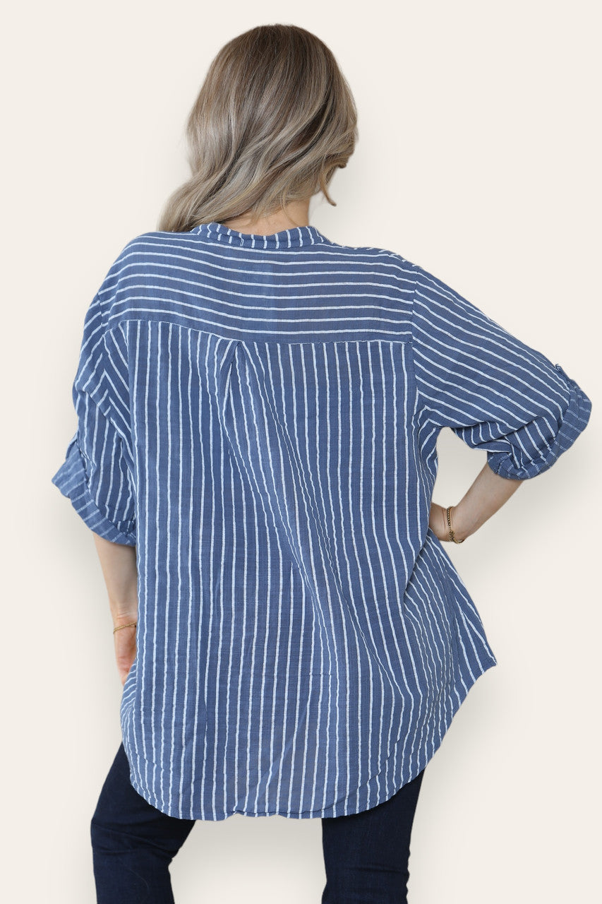 GESTREEPT GRANDAD-SHIRT DENIM