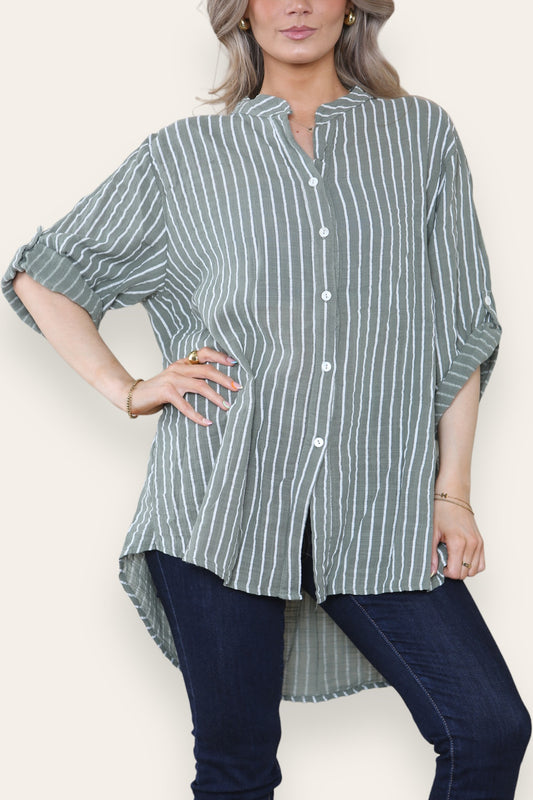 BLOUSE MET STREEPJES EN GRANDAD KRAAG IN KHAKI