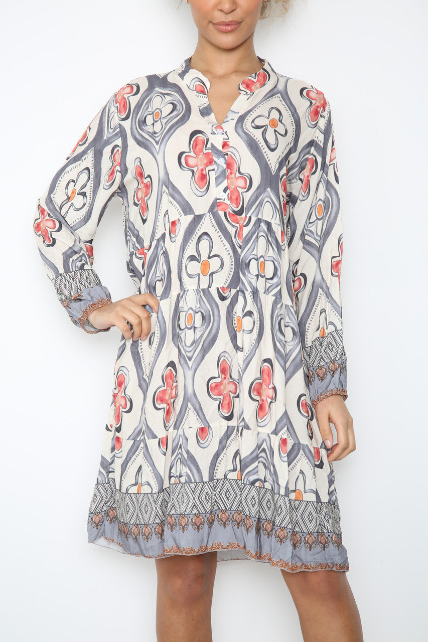 Ladies Diamond Floral Print Shirt Dress Grey