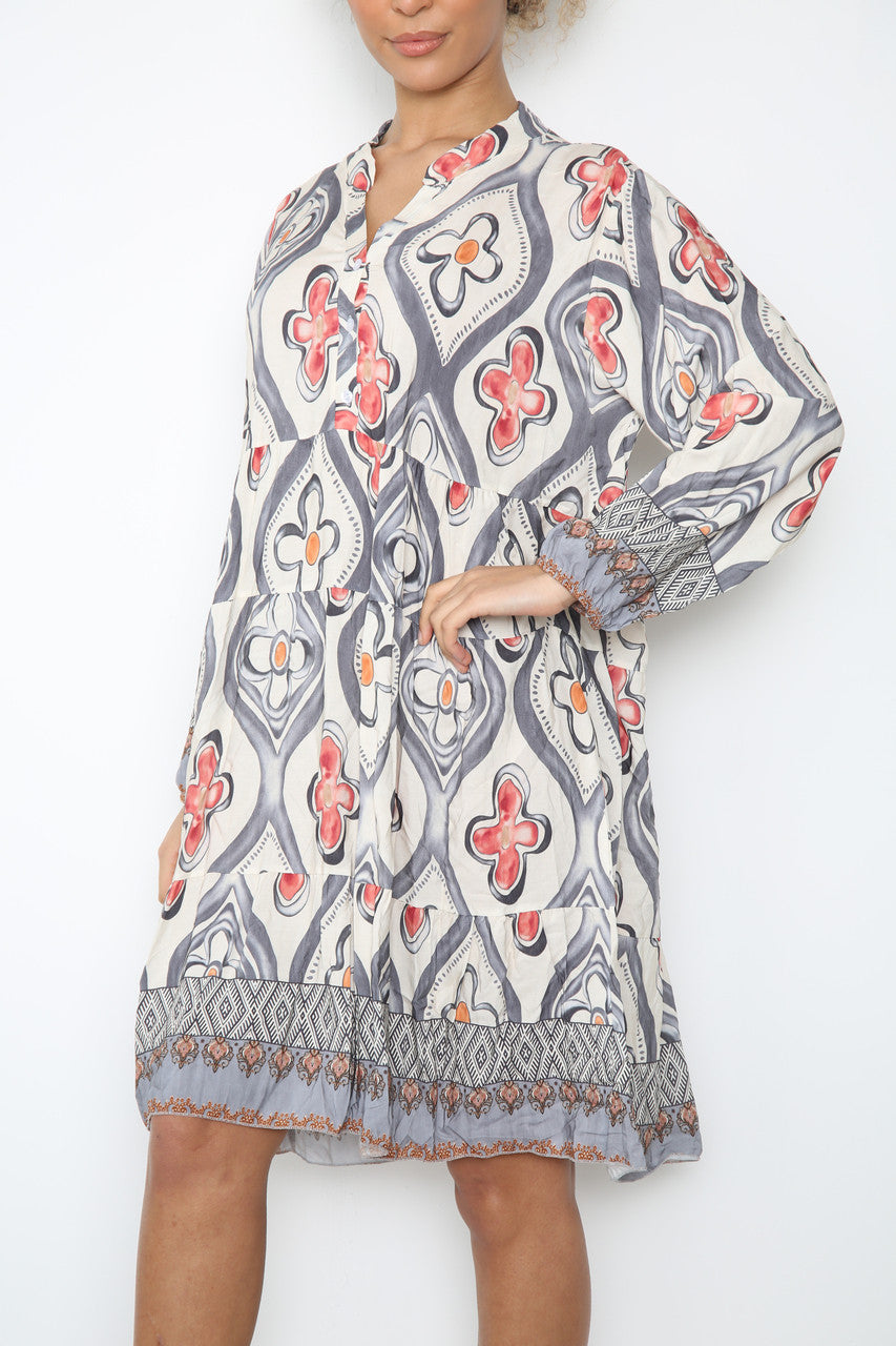 Ladies Diamond Floral Print Shirt Dress Grey