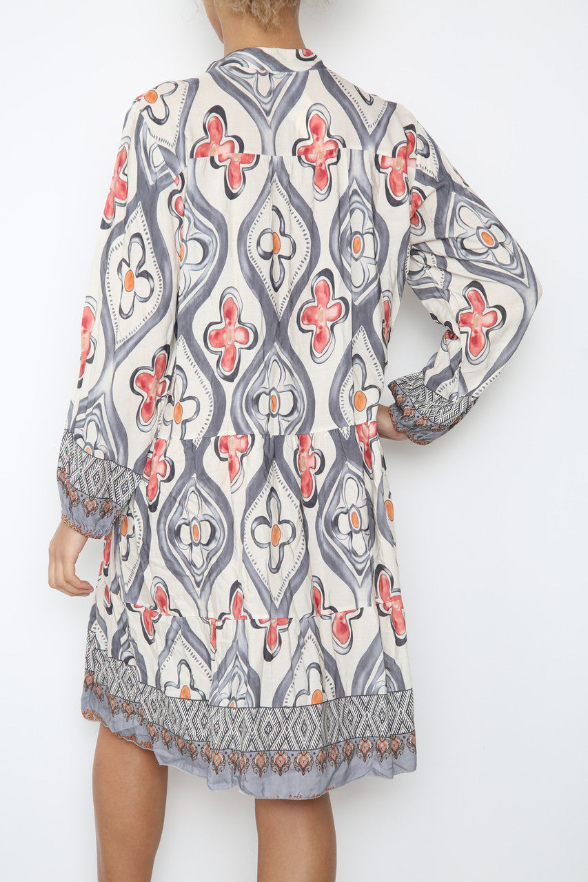 Ladies Diamond Floral Print Shirt Dress Grey