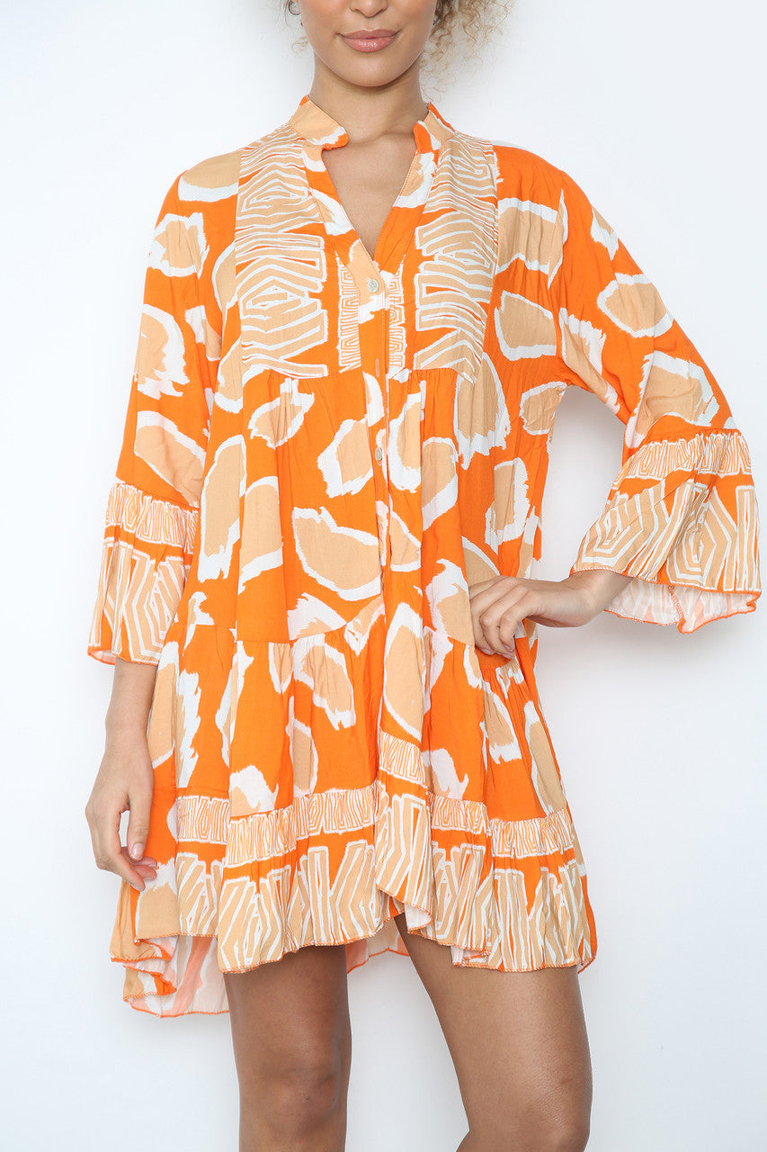 Ladies Animal Print Shirt Dress Orange