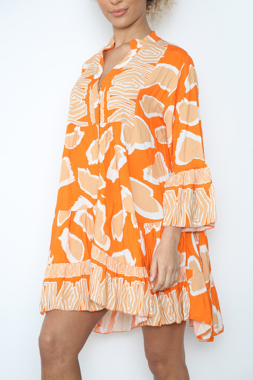 Ladies Animal Print Shirt Dress Orange