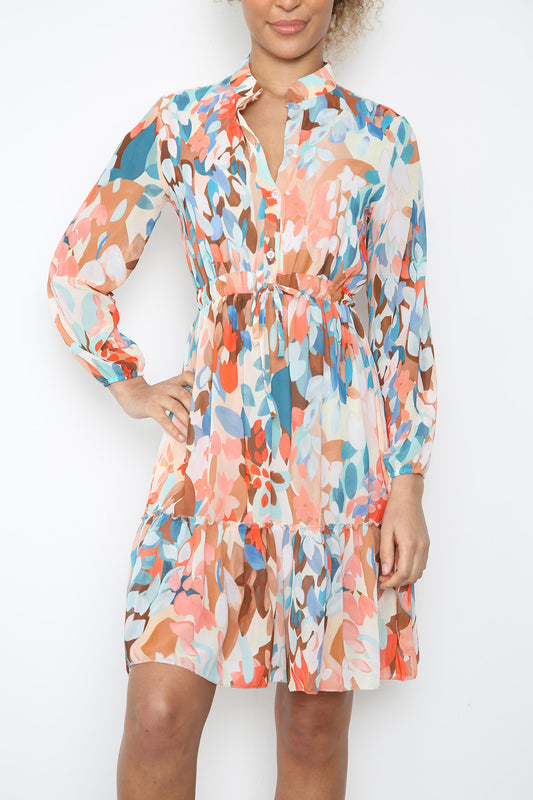 Dames Overhemdjurk met Abstract Bloemen- en Bladmotief Oranje