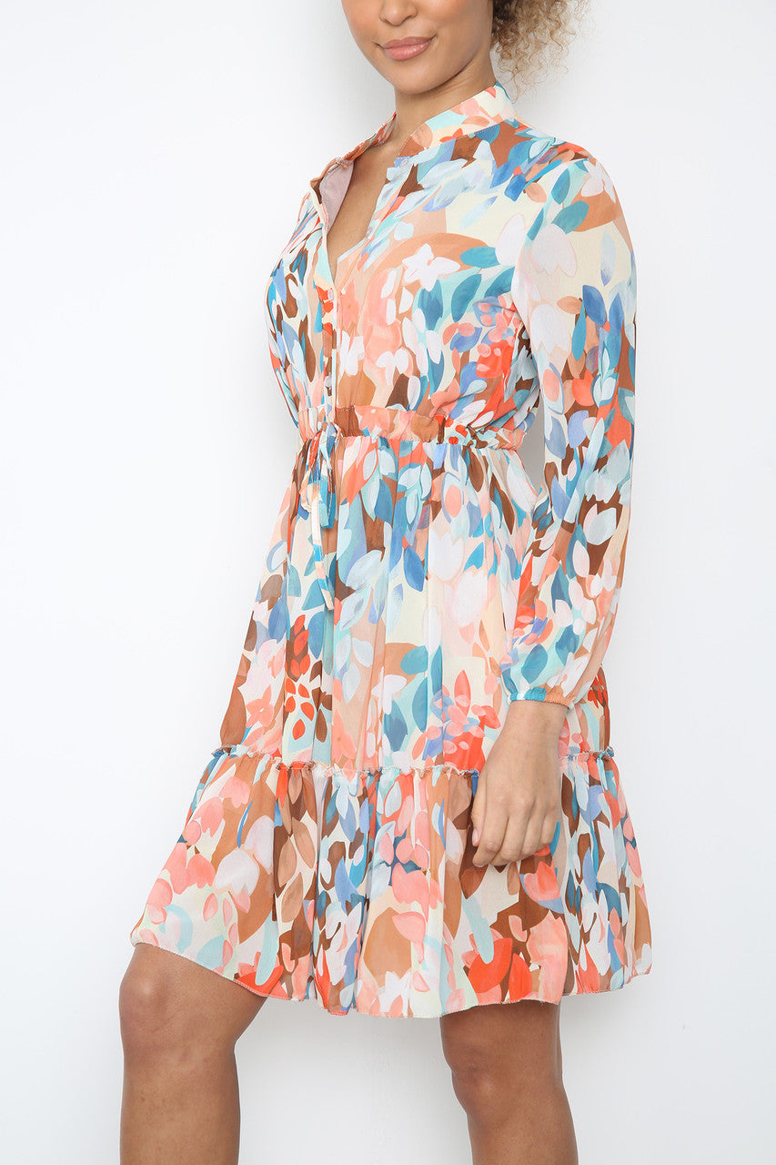 Dames Overhemdjurk met Abstract Bloemen- en Bladmotief Oranje