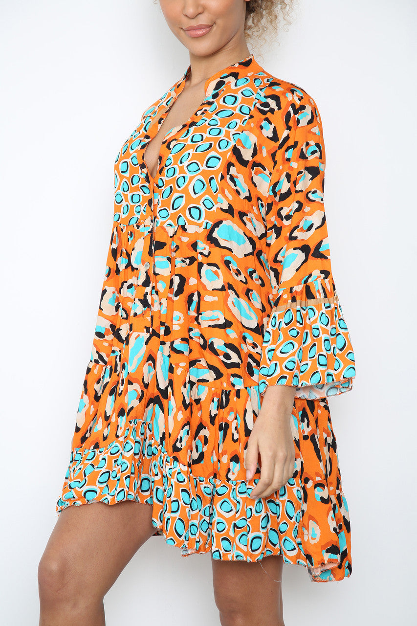 Ladies Leopard Print Shirt Dress Orange