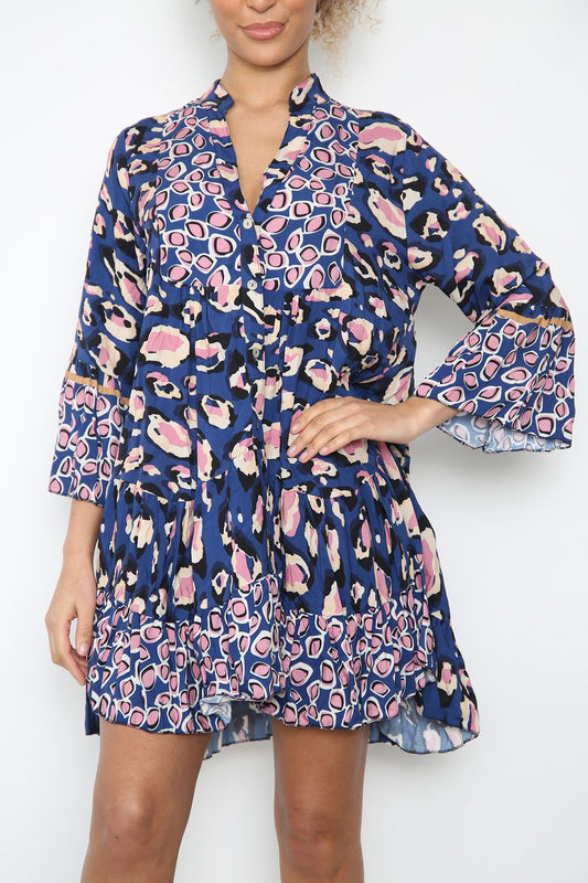 Dames overhemdjurk met luipaardprint marineblauw