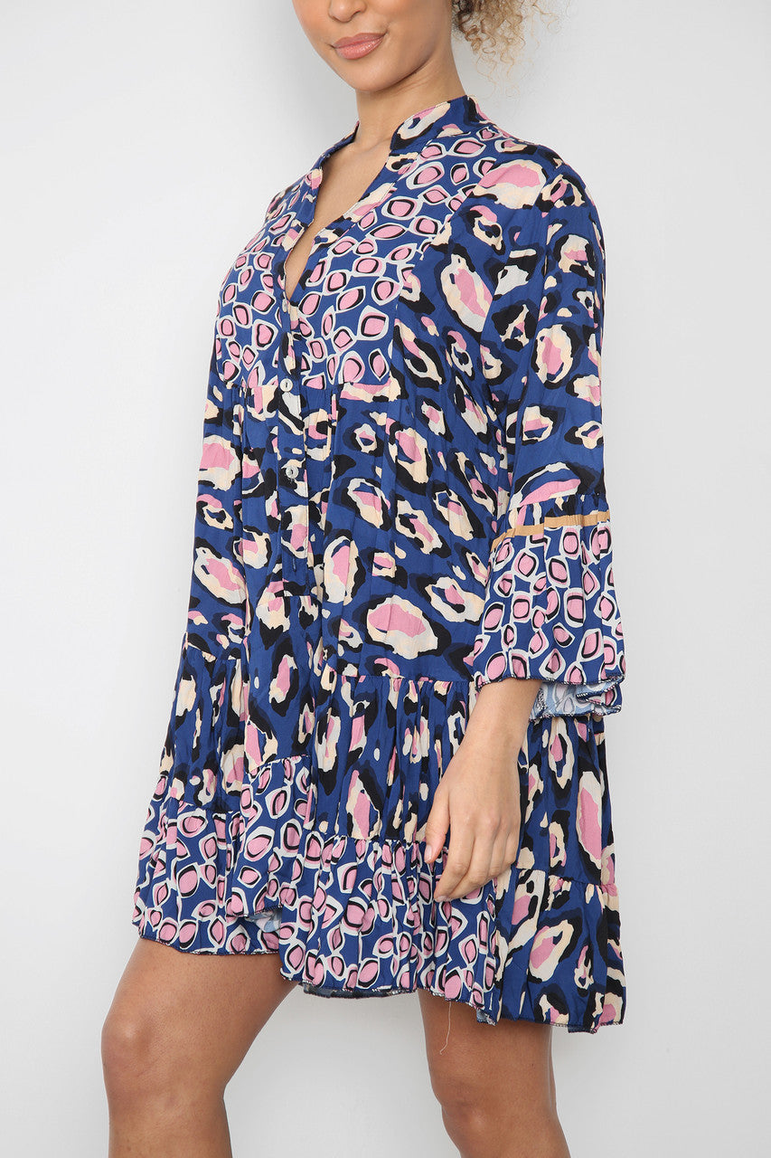 Dames overhemdjurk met luipaardprint marineblauw
