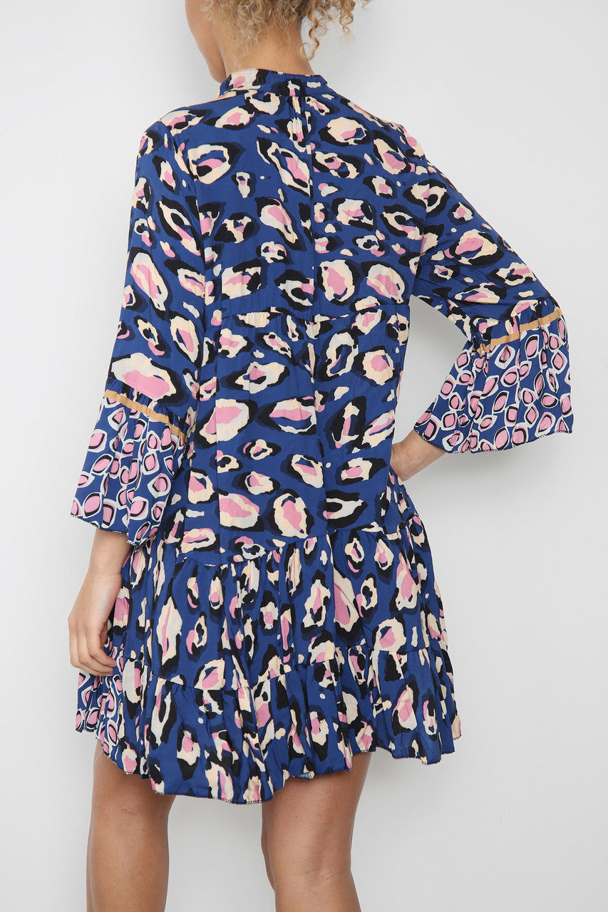 Dames overhemdjurk met luipaardprint marineblauw