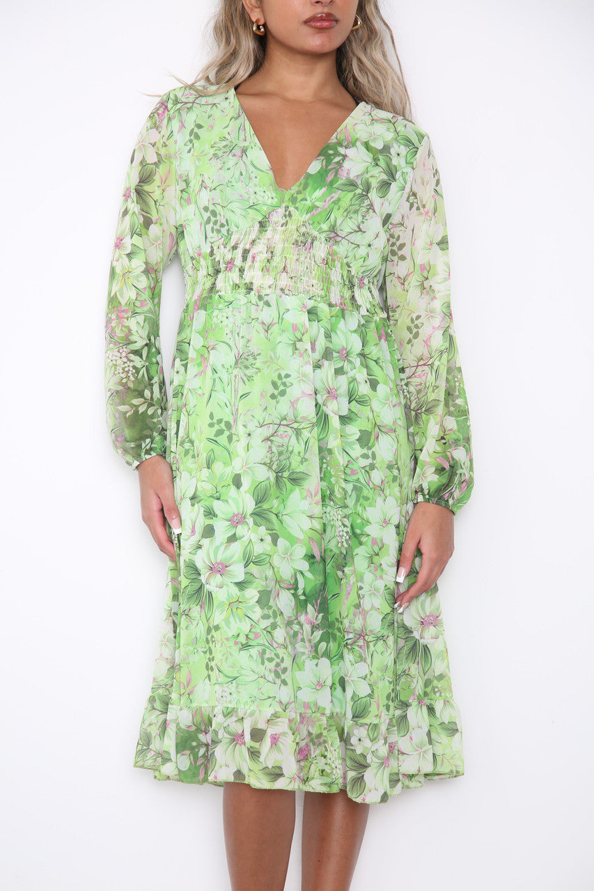 Dames elastische taille bloemenprint jurk groen