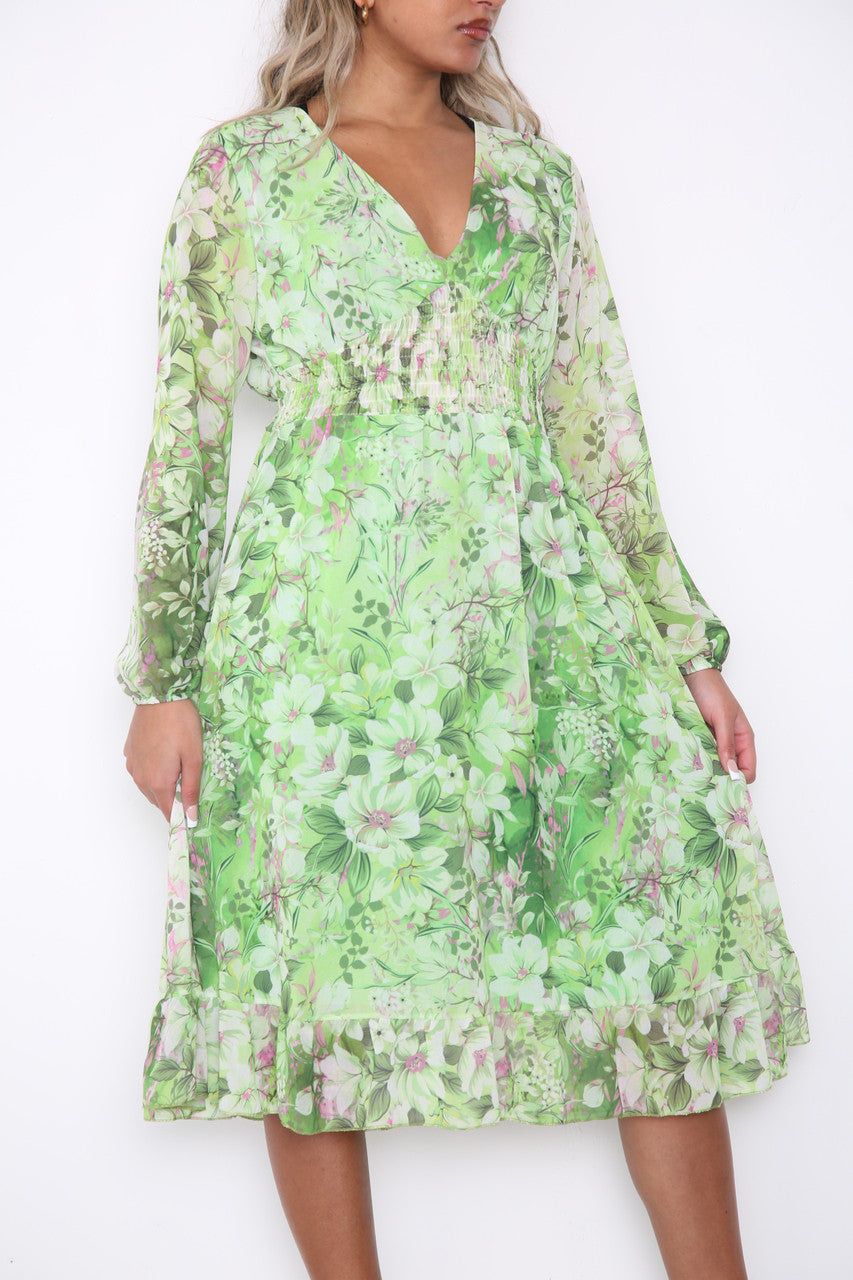Dames elastische taille bloemenprint jurk groen