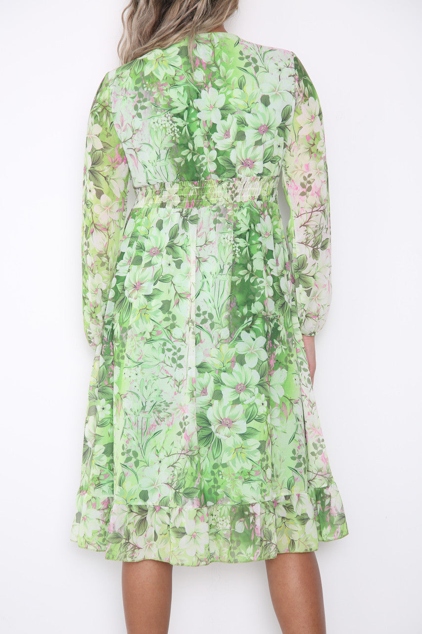 Dames elastische taille bloemenprint jurk groen