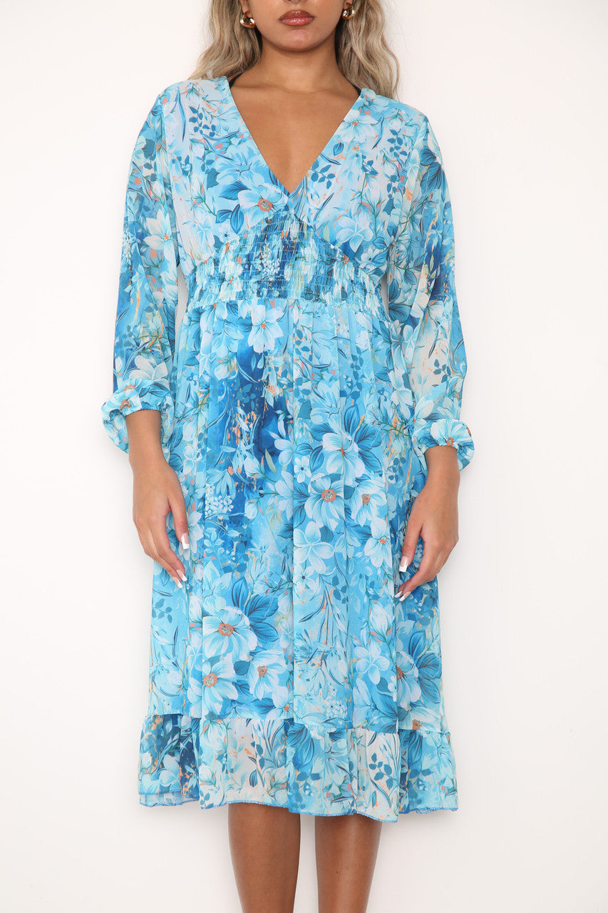 Ladies Elasticated Waist Floral Print Dress Turquoise