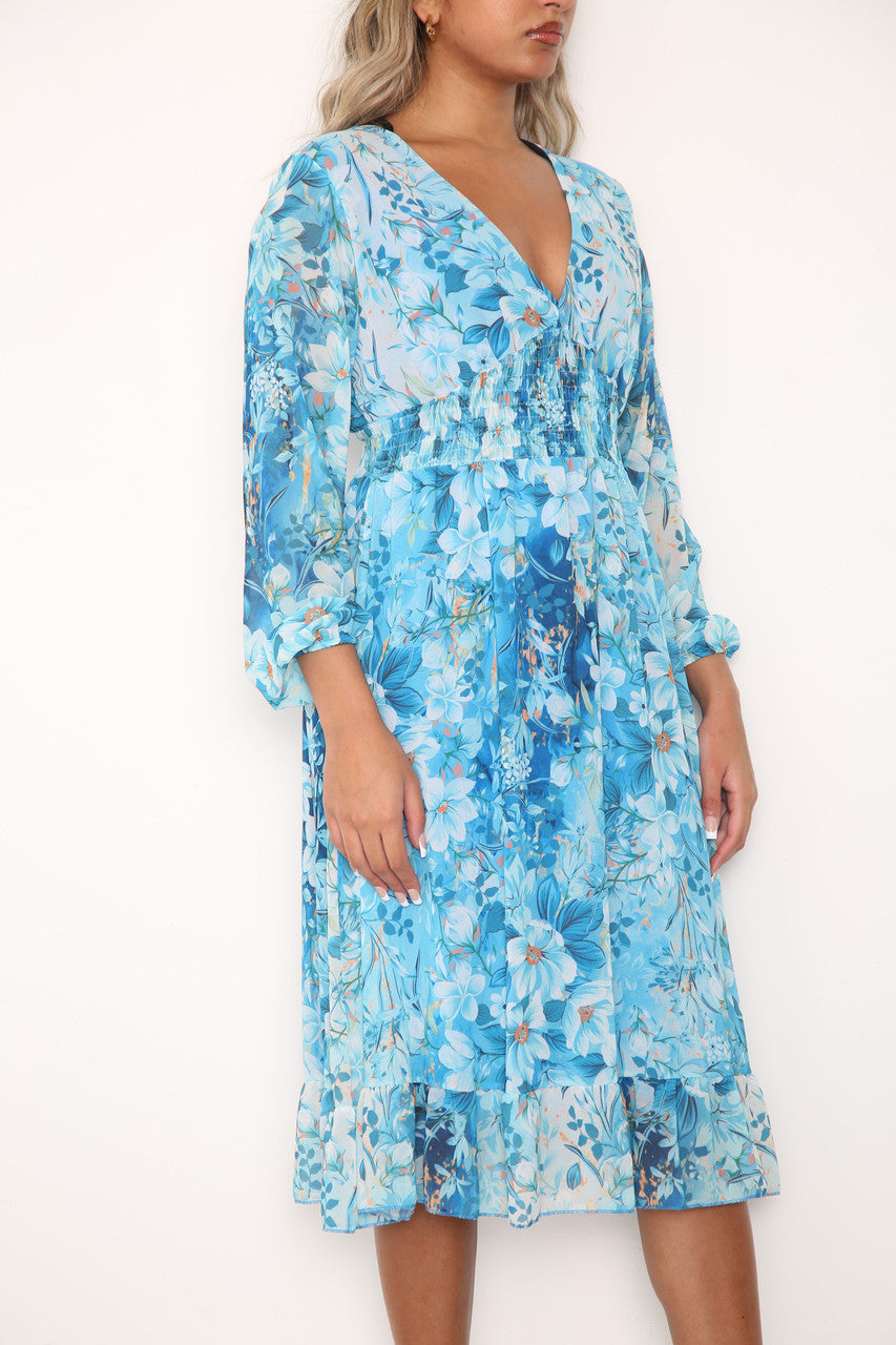 Ladies Elasticated Waist Floral Print Dress Turquoise