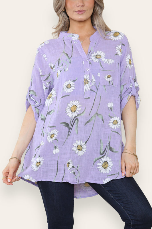 DAISY FLORAL MIX GRANDAD SHIRT BLOUSE LILAC