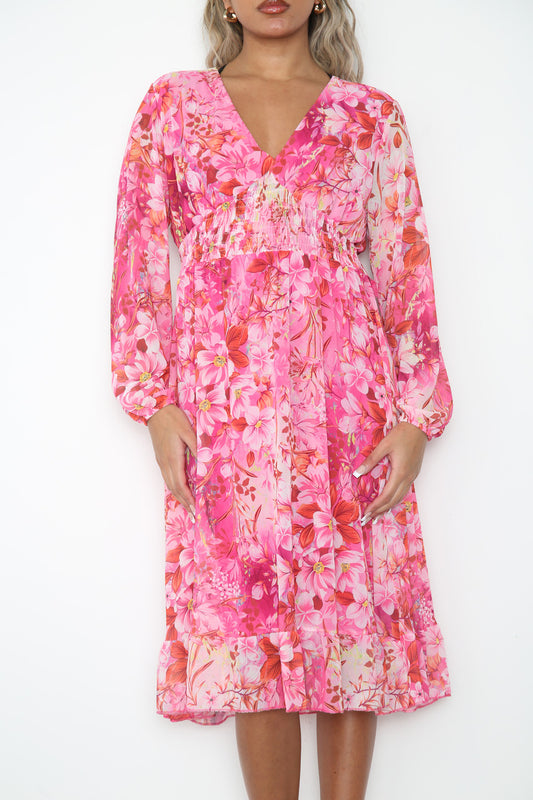 Dames Jurk met Elastische Taille en Bloemenprint Cerise