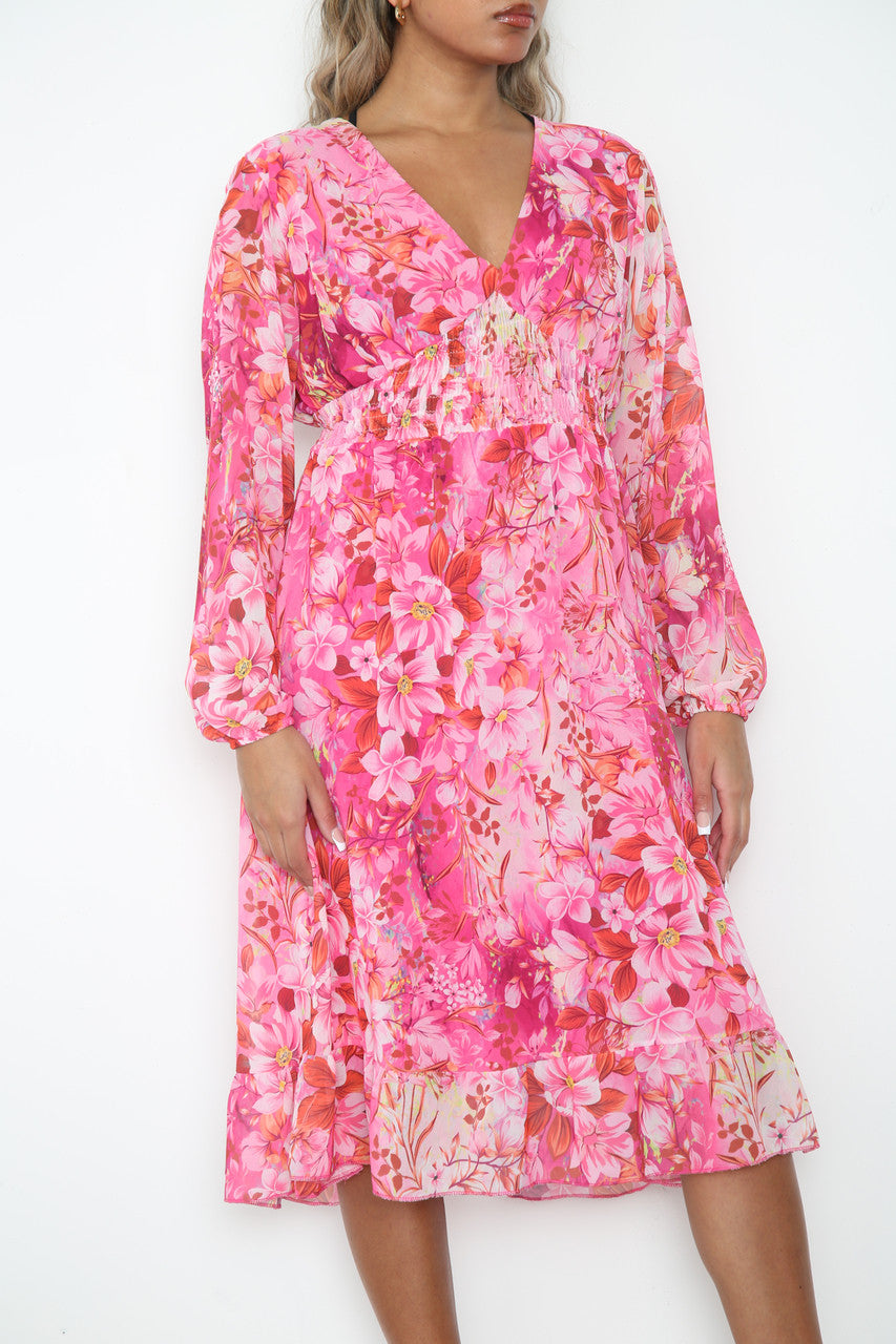Ladies Elasticated Waist Floral Print Dress Cerise
