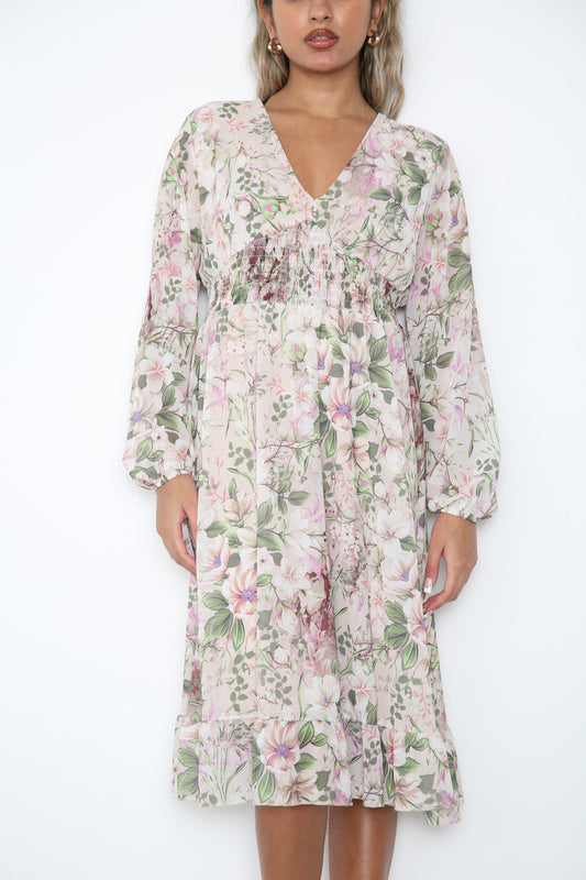 Damesjurk met bloemenprint en elastische taille steen