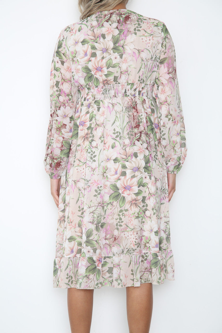 Damesjurk met bloemenprint en elastische taille steen