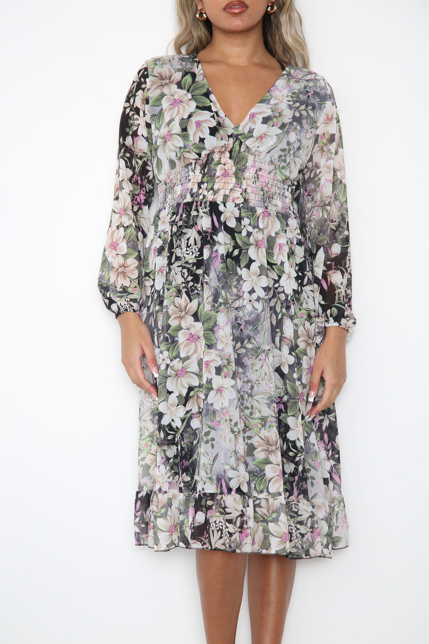 Ladies Elasticated Waist Floral Print Dress Black
