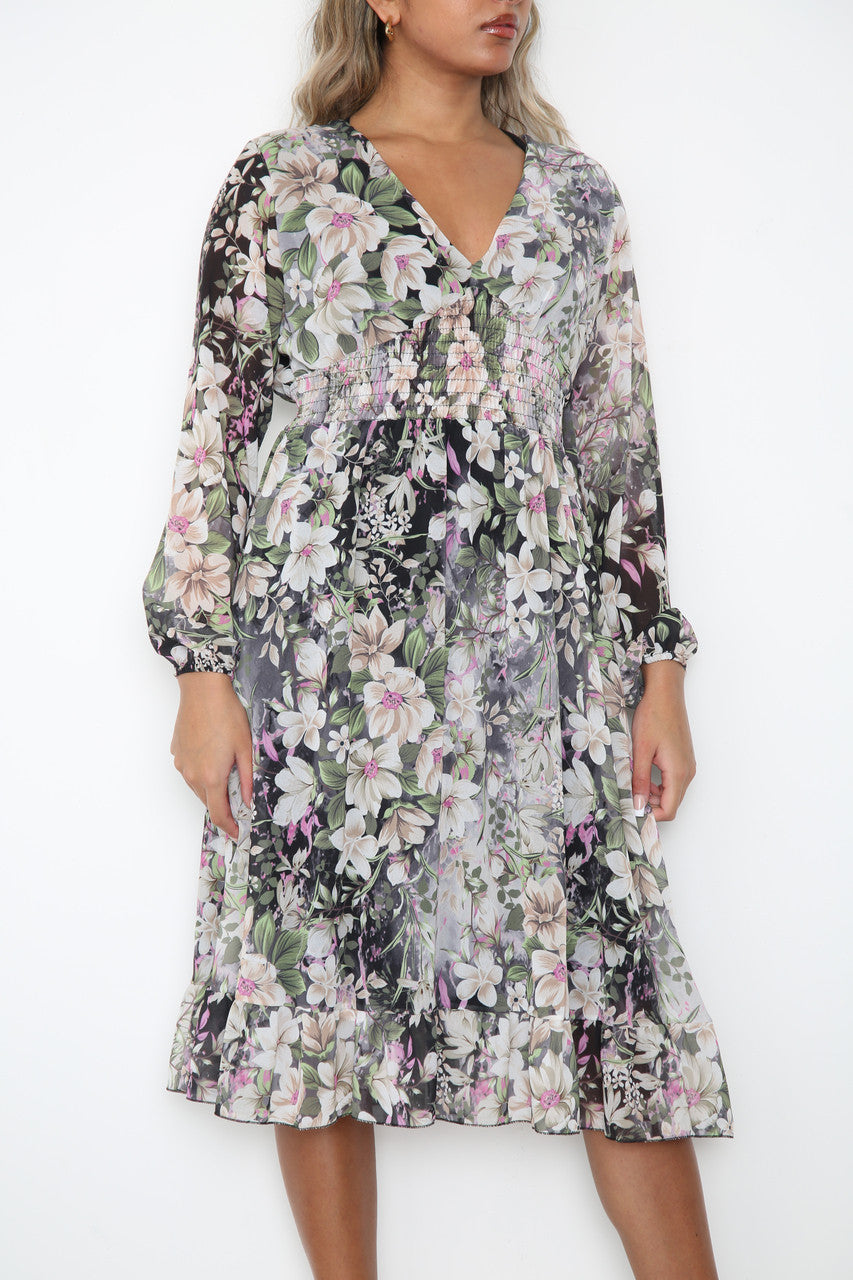 Ladies Elasticated Waist Floral Print Dress Black
