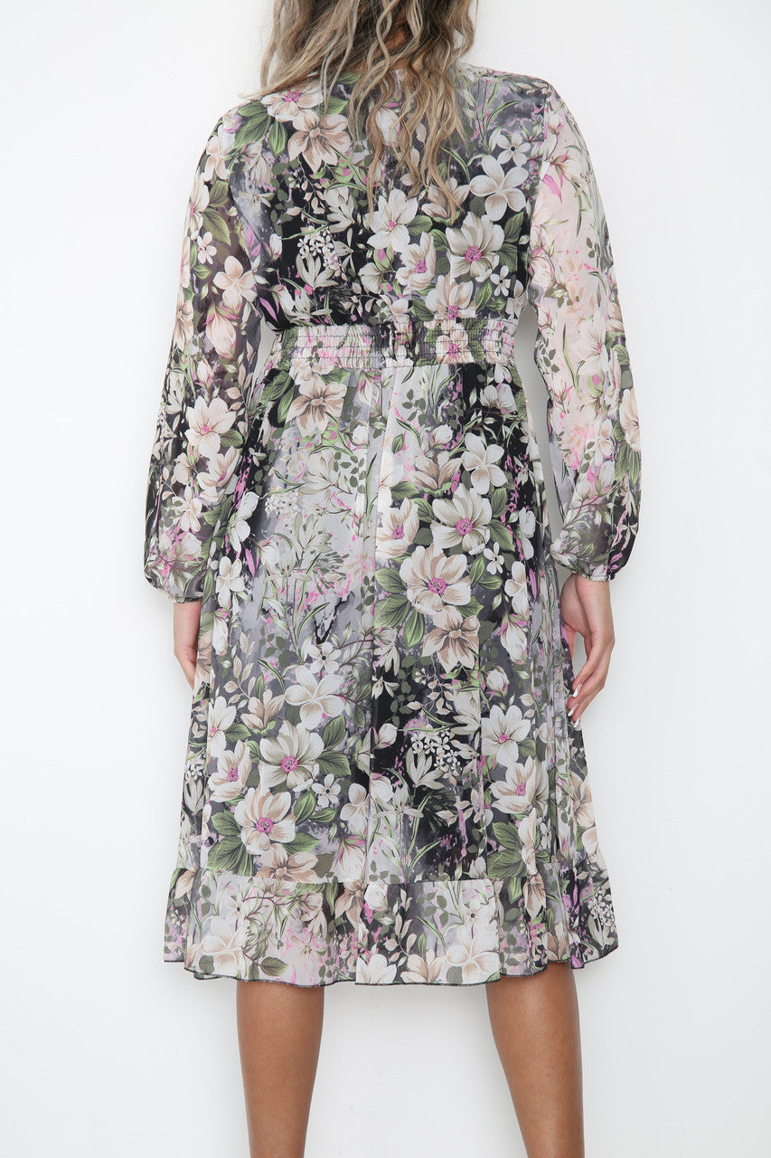 Ladies Elasticated Waist Floral Print Dress Black