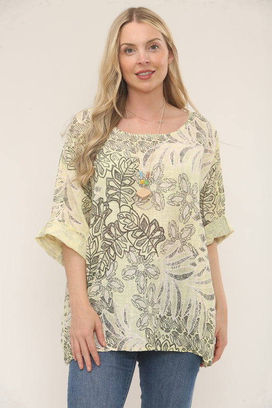 BOTANICAL LEAF ABSTRACT PRINT TOP - LEMON