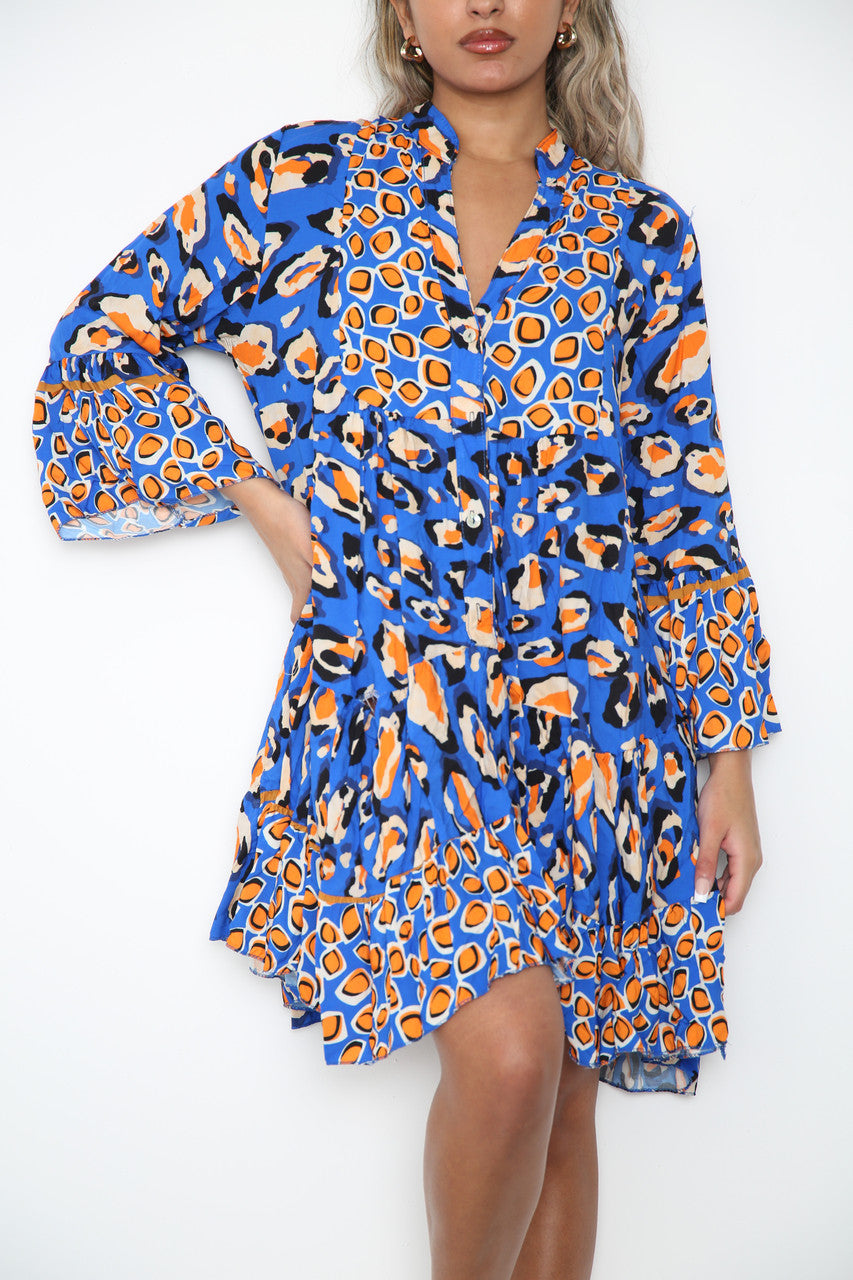 Ladies Leopard Print Shirt Dress Royal Blue