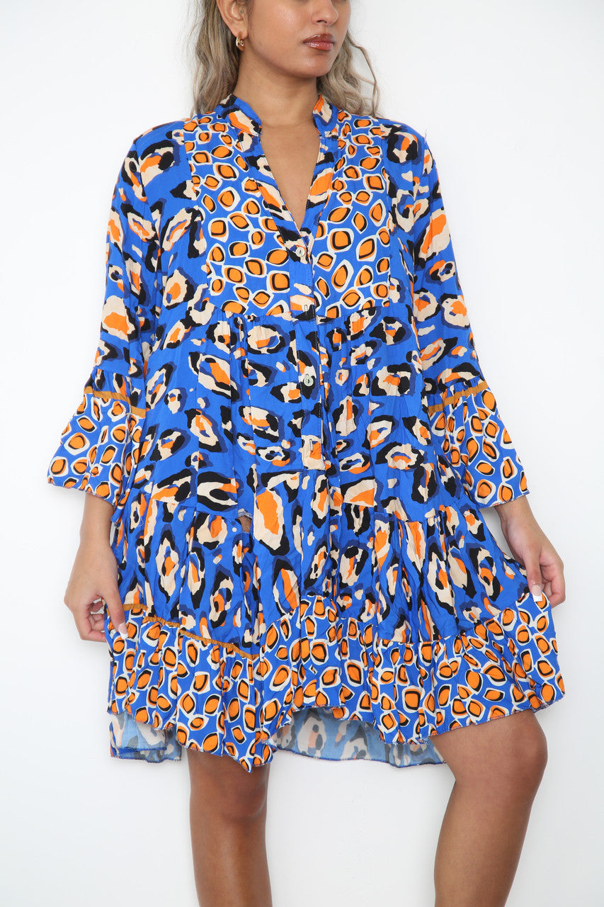 Ladies Leopard Print Shirt Dress Royal Blue