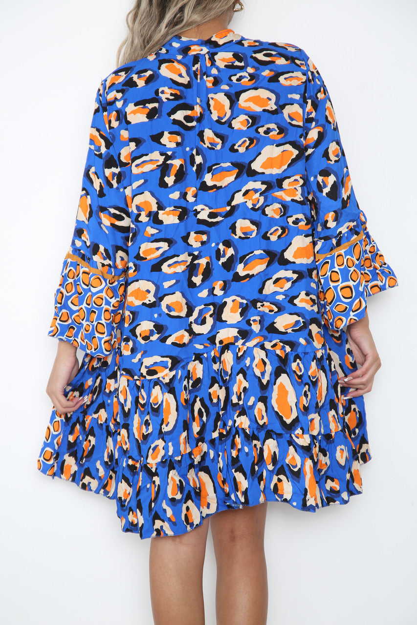 Ladies Leopard Print Shirt Dress Royal Blue