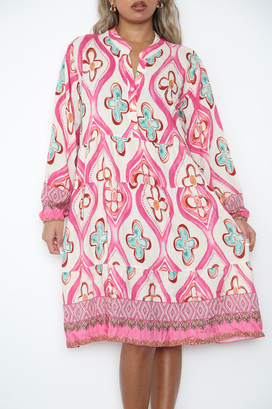 Dames Overhemdjurk met Diamant en Bloemenprint Cerise