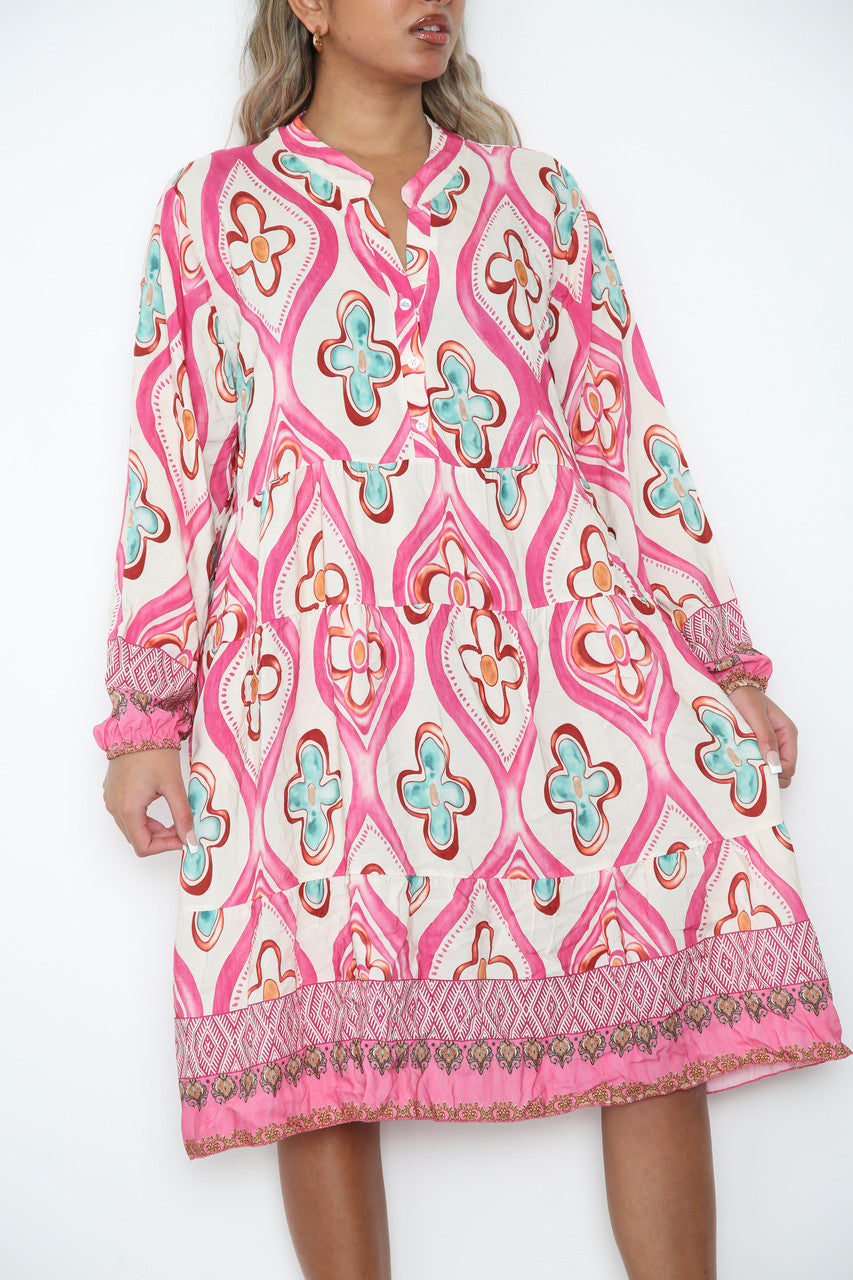 Ladies Diamond Floral Print Shirt Dress Cerise