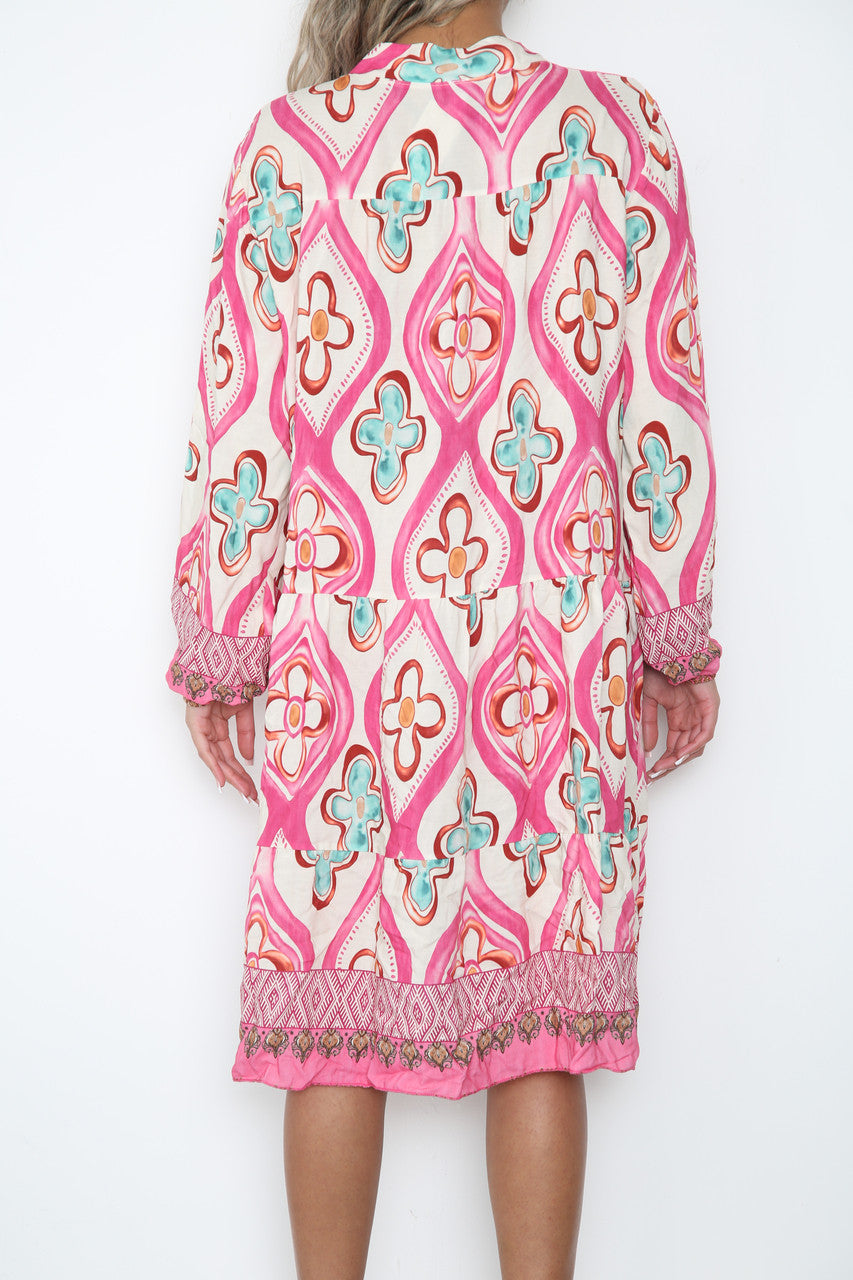 Ladies Diamond Floral Print Shirt Dress Cerise