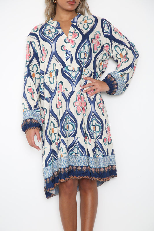 Damesoverhemdjurk met diamant bloemenprint marineblauw