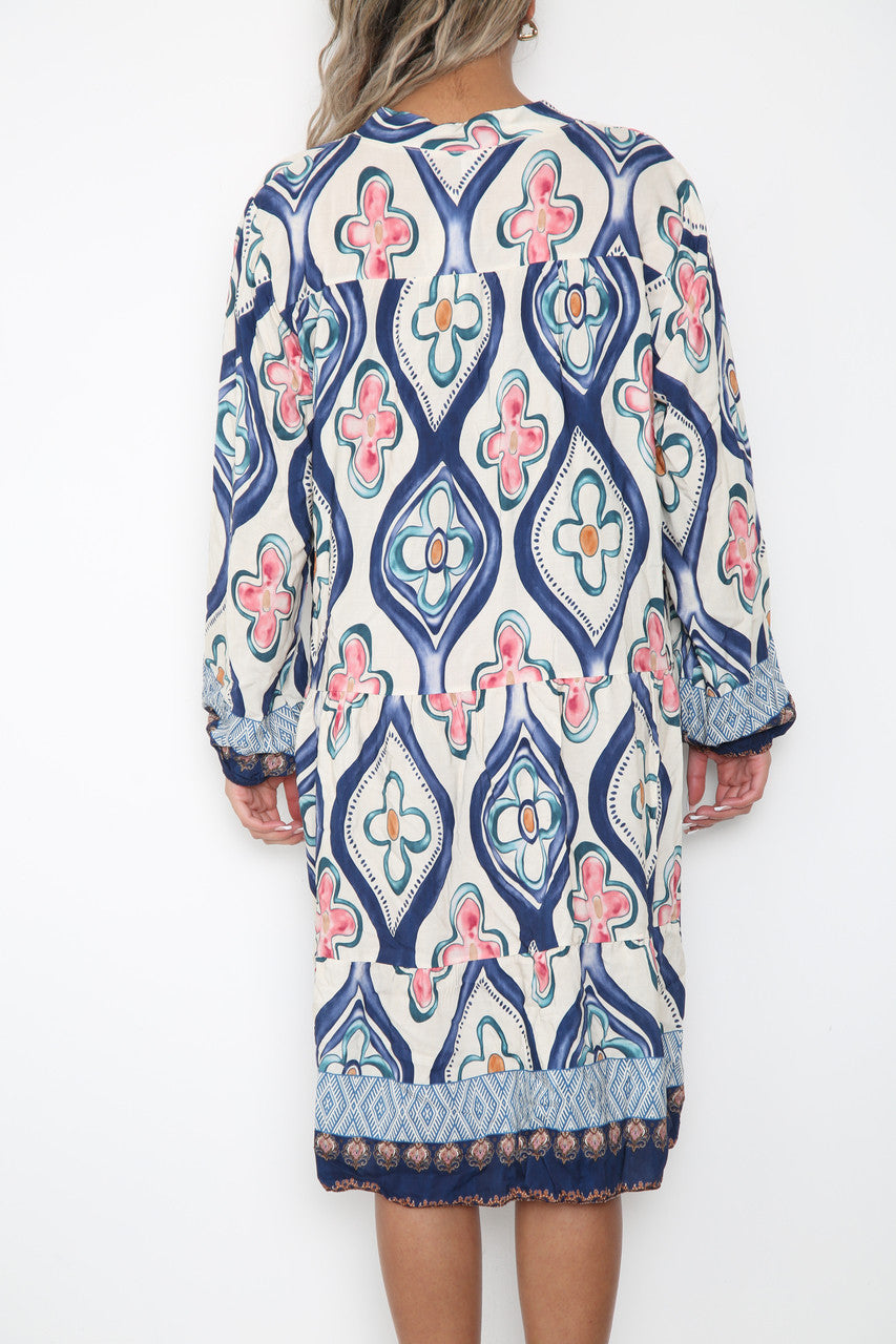 Ladies Diamond Floral Print Shirt Dress Navy