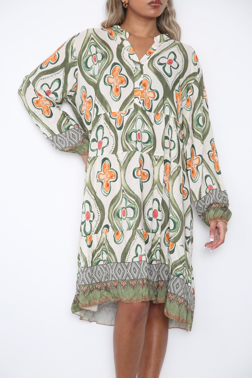 Ladies Diamond Floral Print Shirt Dress Khaki