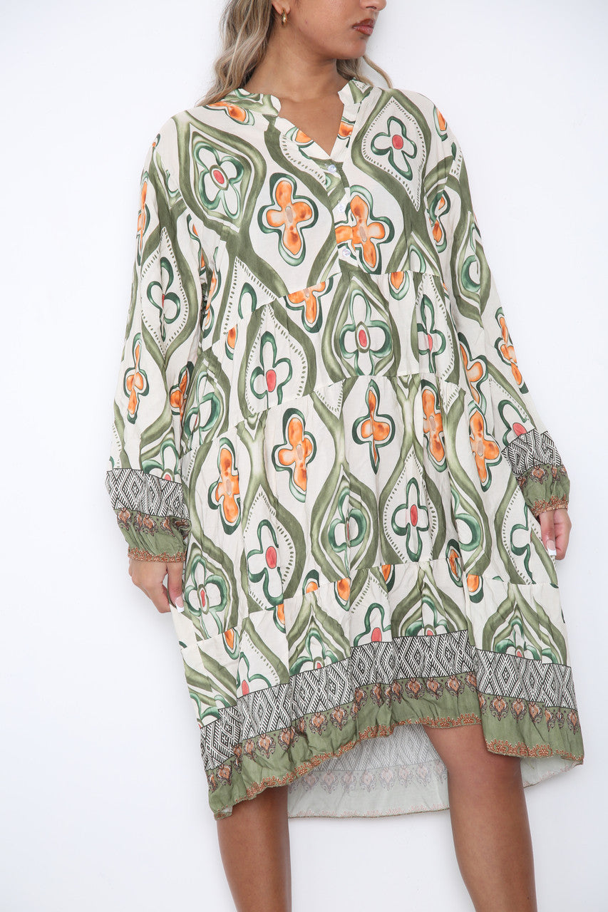 Ladies Diamond Floral Print Shirt Dress Khaki