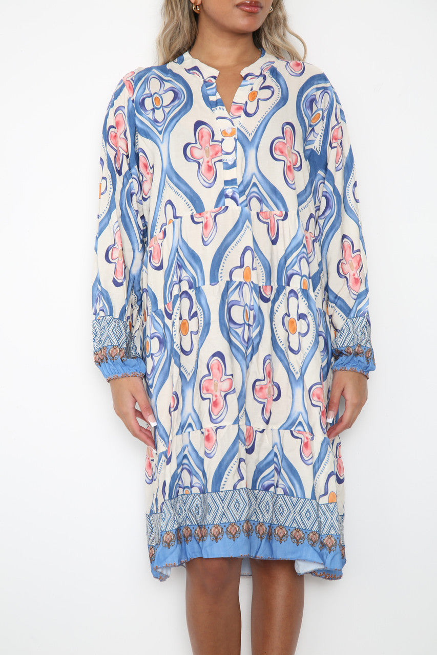 Ladies Diamond Floral Print Shirt Dress Denim