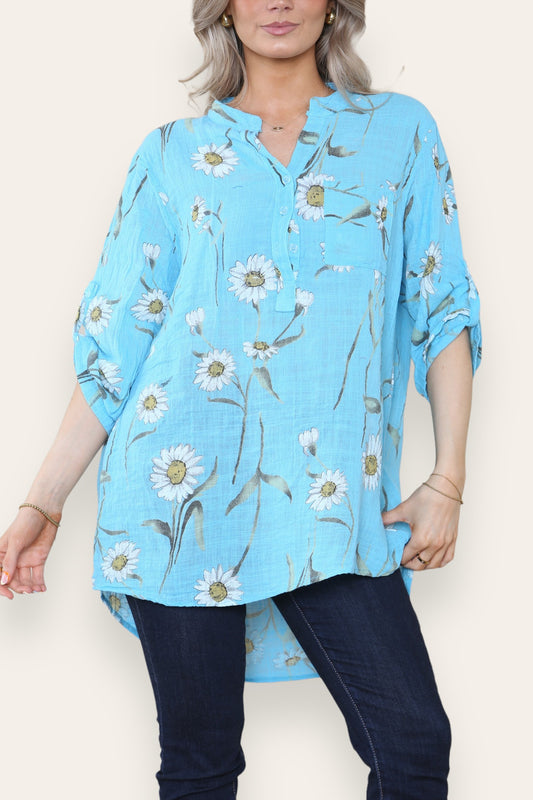 DAISY FLORAL MIX GRANDAD SHIRT BLOUSE TURQUOISE