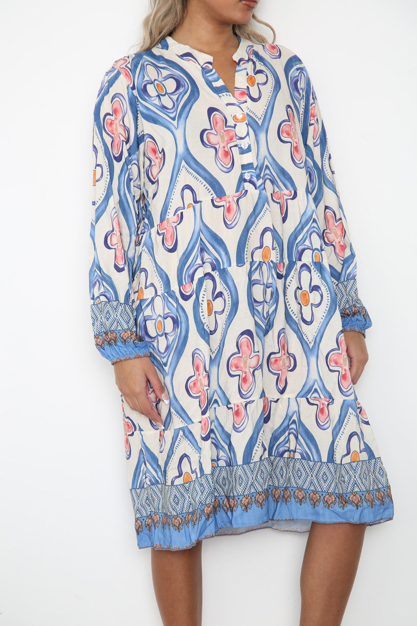 Ladies Diamond Floral Print Shirt Dress Denim