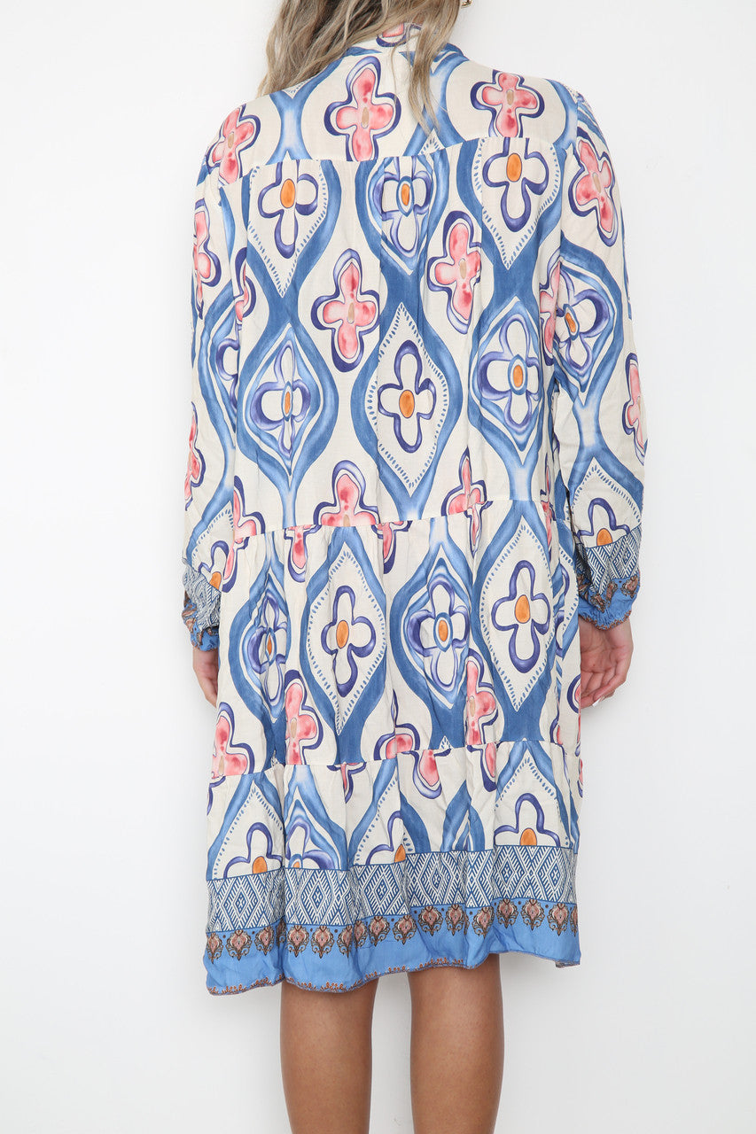 Ladies Diamond Floral Print Shirt Dress Denim