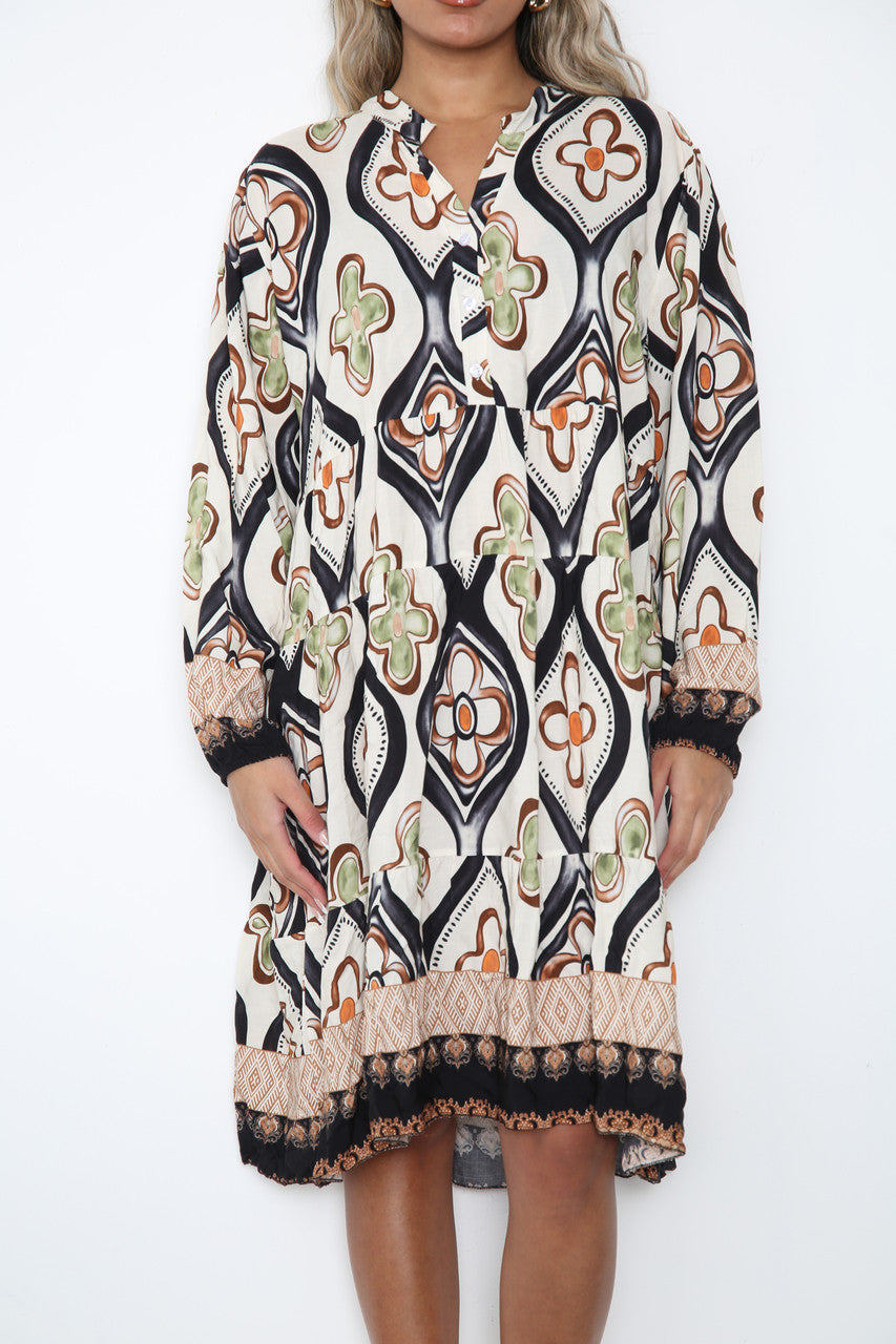 Ladies Diamond Floral Print Shirt Dress Black