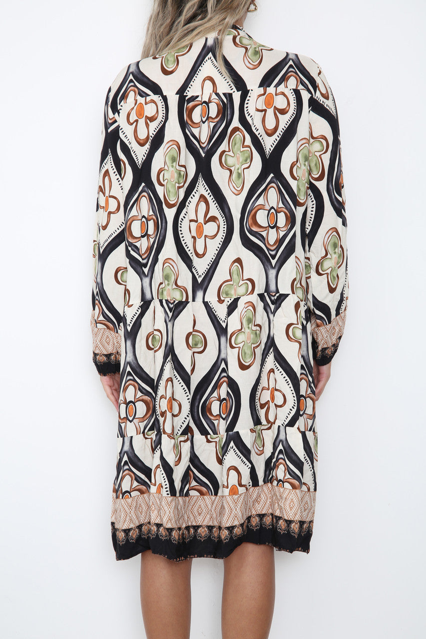 Ladies Diamond Floral Print Shirt Dress Black