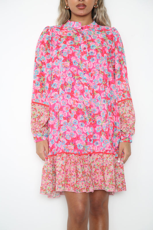 Dames overhemdjurk met ditsy bloemen- en bladerenprint Cerise